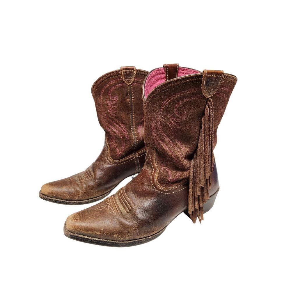 Ariat Brown Leather Fringe Western Ankle Boots with Pink Lining